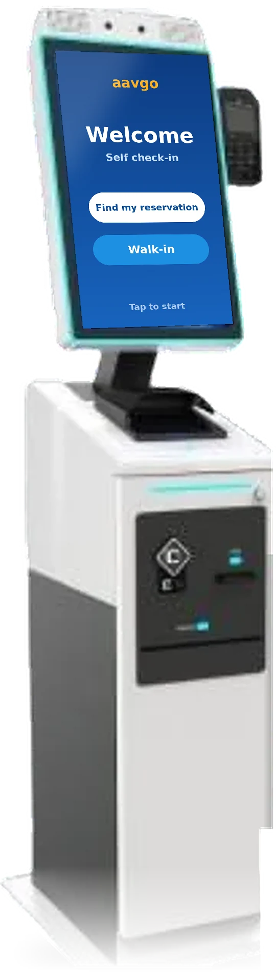 Aavgo cashless self check-in kiosk with a self-service welcome screen
