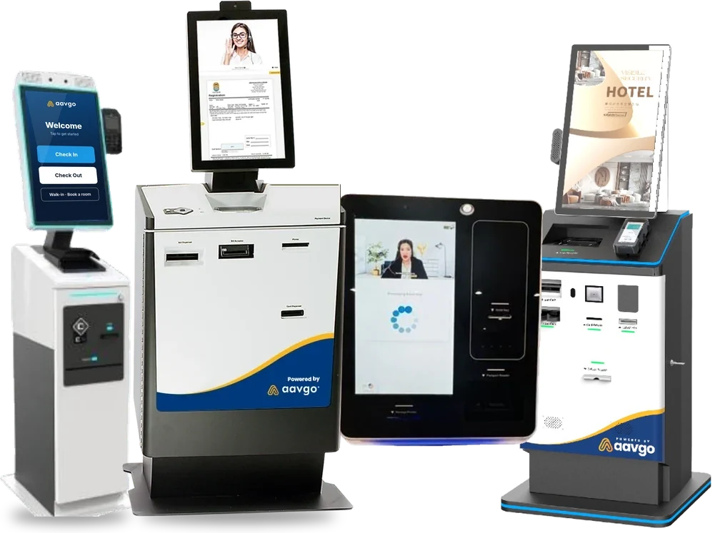 Aavgo hotel self check-in kiosk lineup: cashless kiosk, cash kiosk, tabletop kiosk and floor-standing kiosk