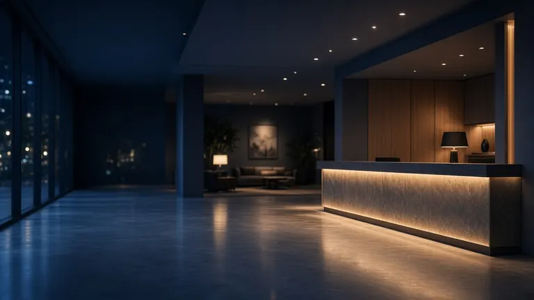 Hotel lobby at night with no staff at the front desk